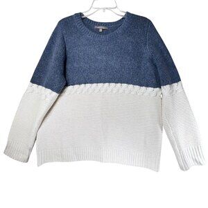 Cyrus Colorblock Knit Sweater Cable Detail Blue Cream White XL Wool Blend Soft